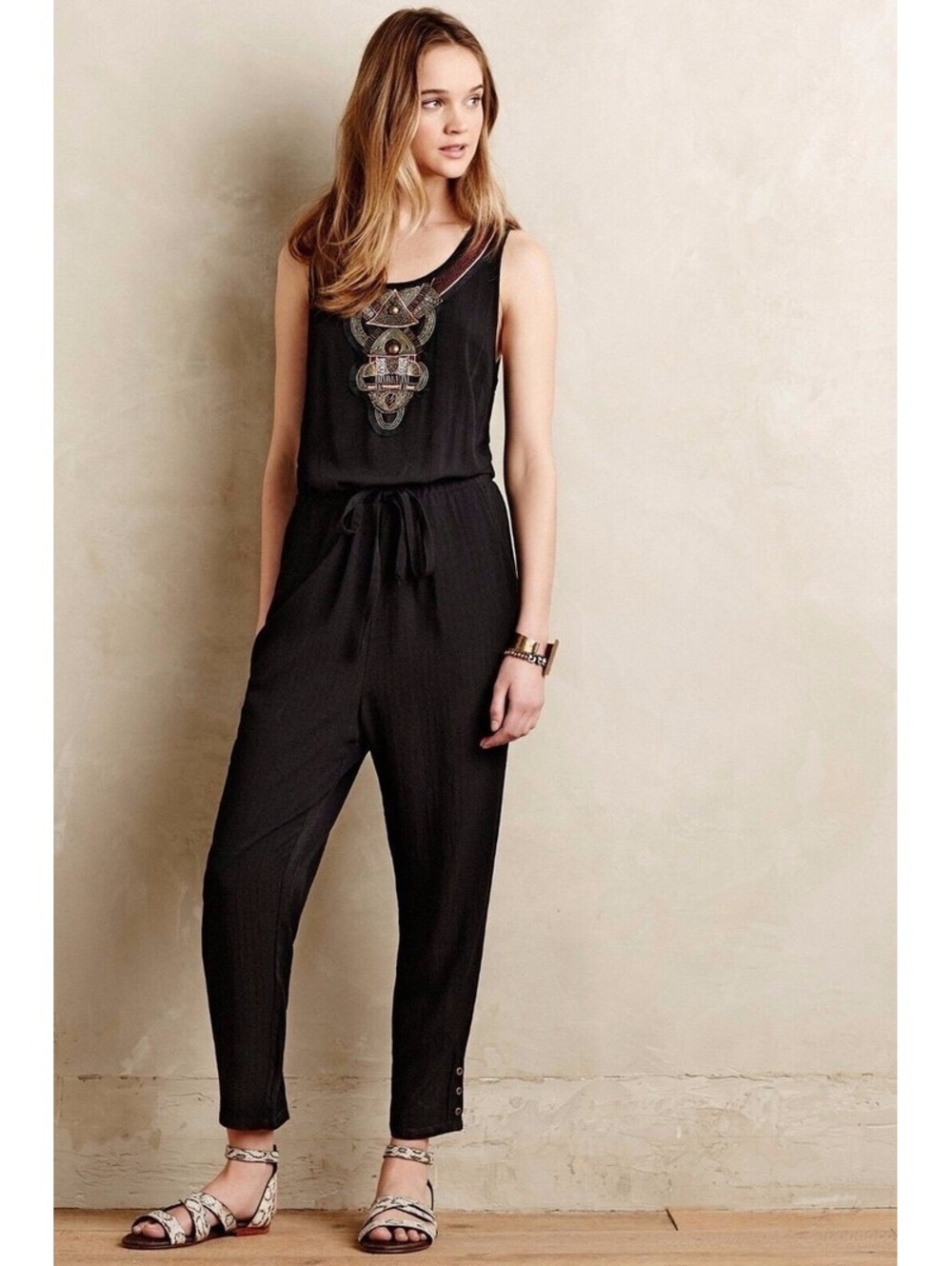 ANTHROPOLOGIE LILKA womens size S black beaded boho sleeveless jumpsuit
